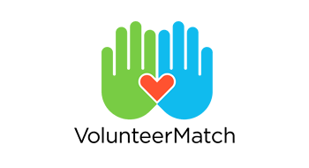 Volunteer Match Official Logo green hand, blue hand, heart in the middle