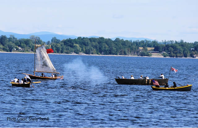 Soldiers in boats Reenactment of War of 1812 on Lake Champlain